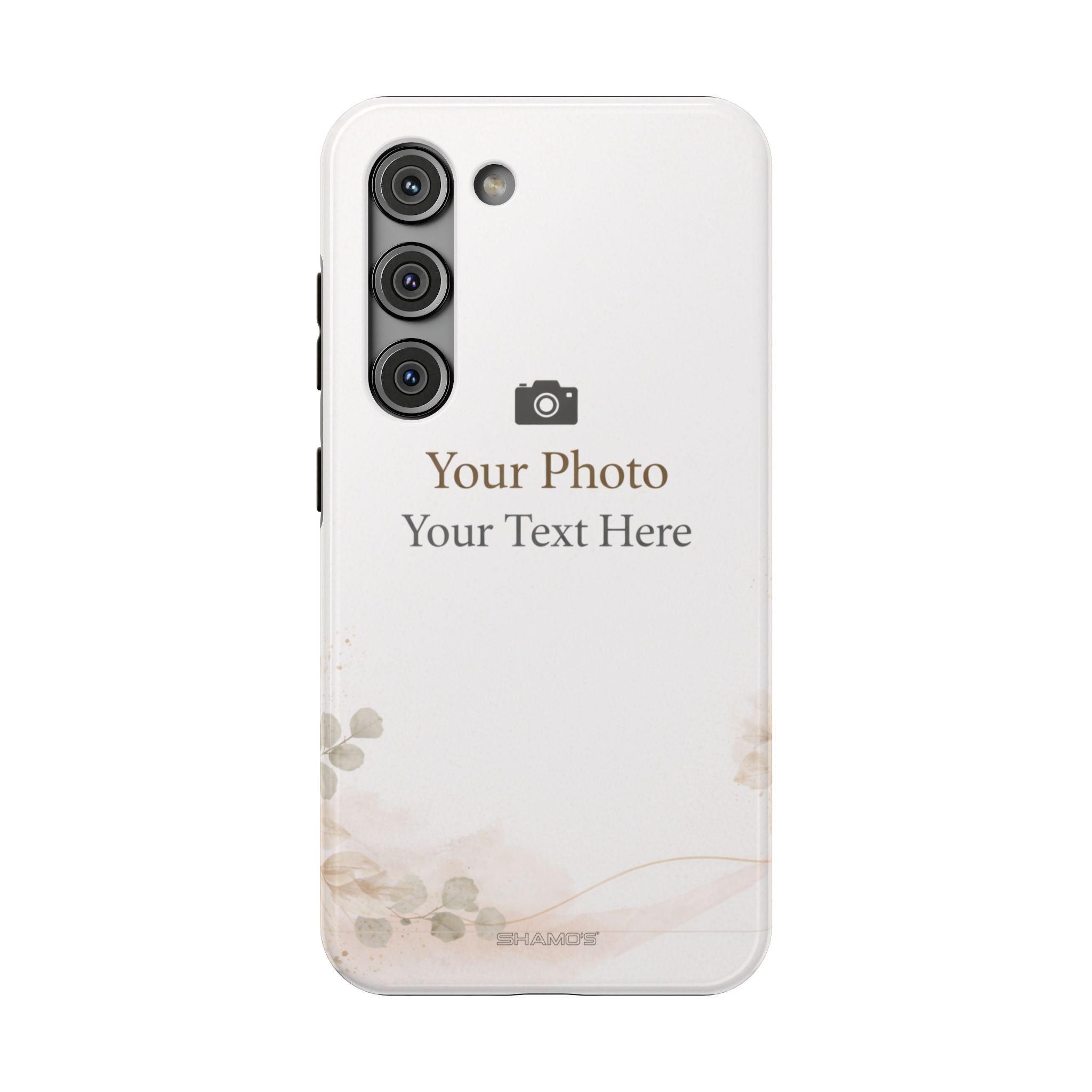 Custom phone case preview with a pale background and text reading Your Photo, Your Text Here