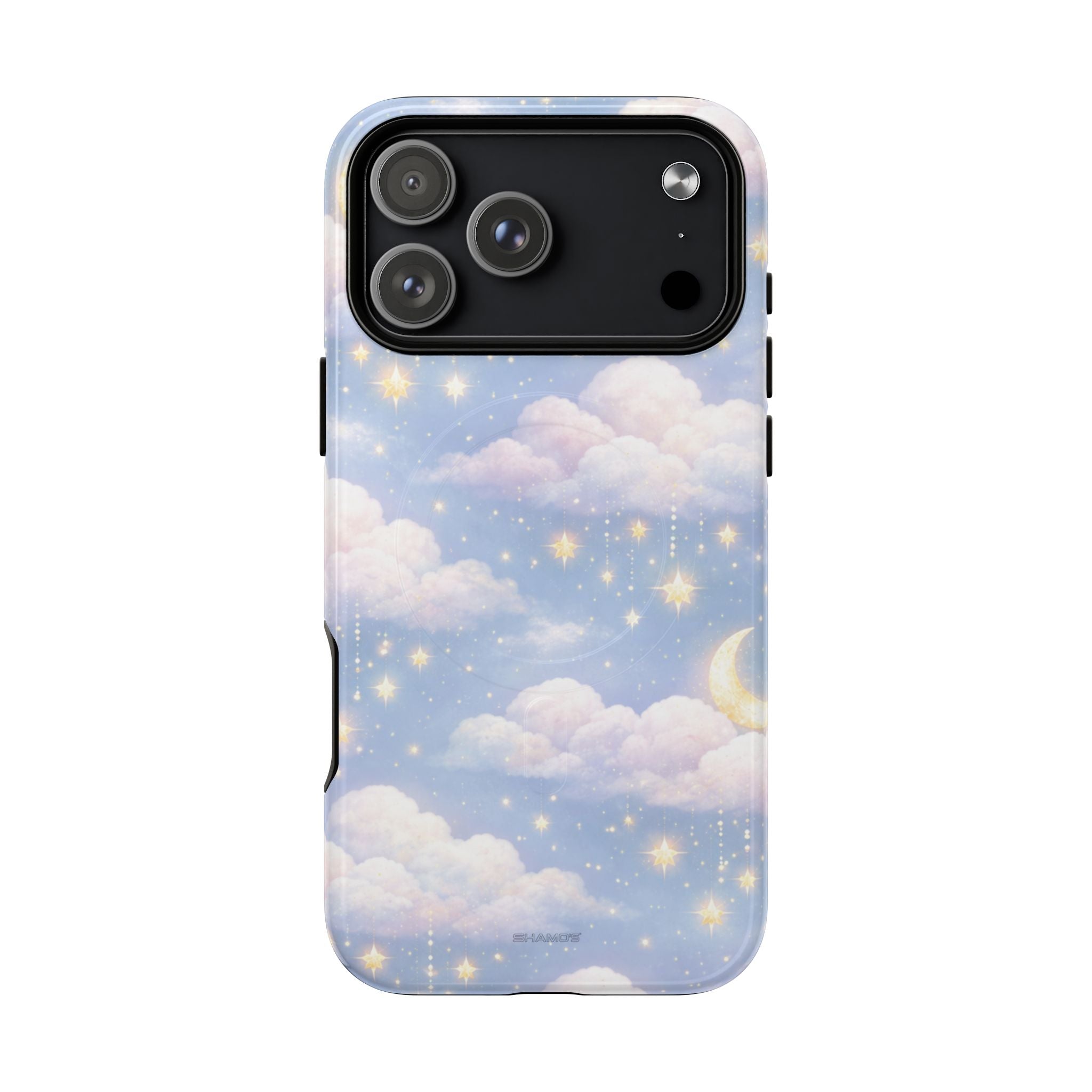 iPhone with cloud and starry sky phone case featuring crescent moon, variant size shown