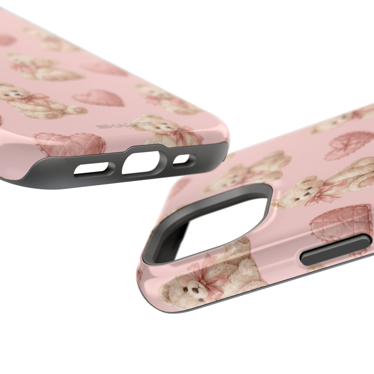 Pink Teddy Hearts Love iPhone Case, Impact-Resistant MagSafe Compatible