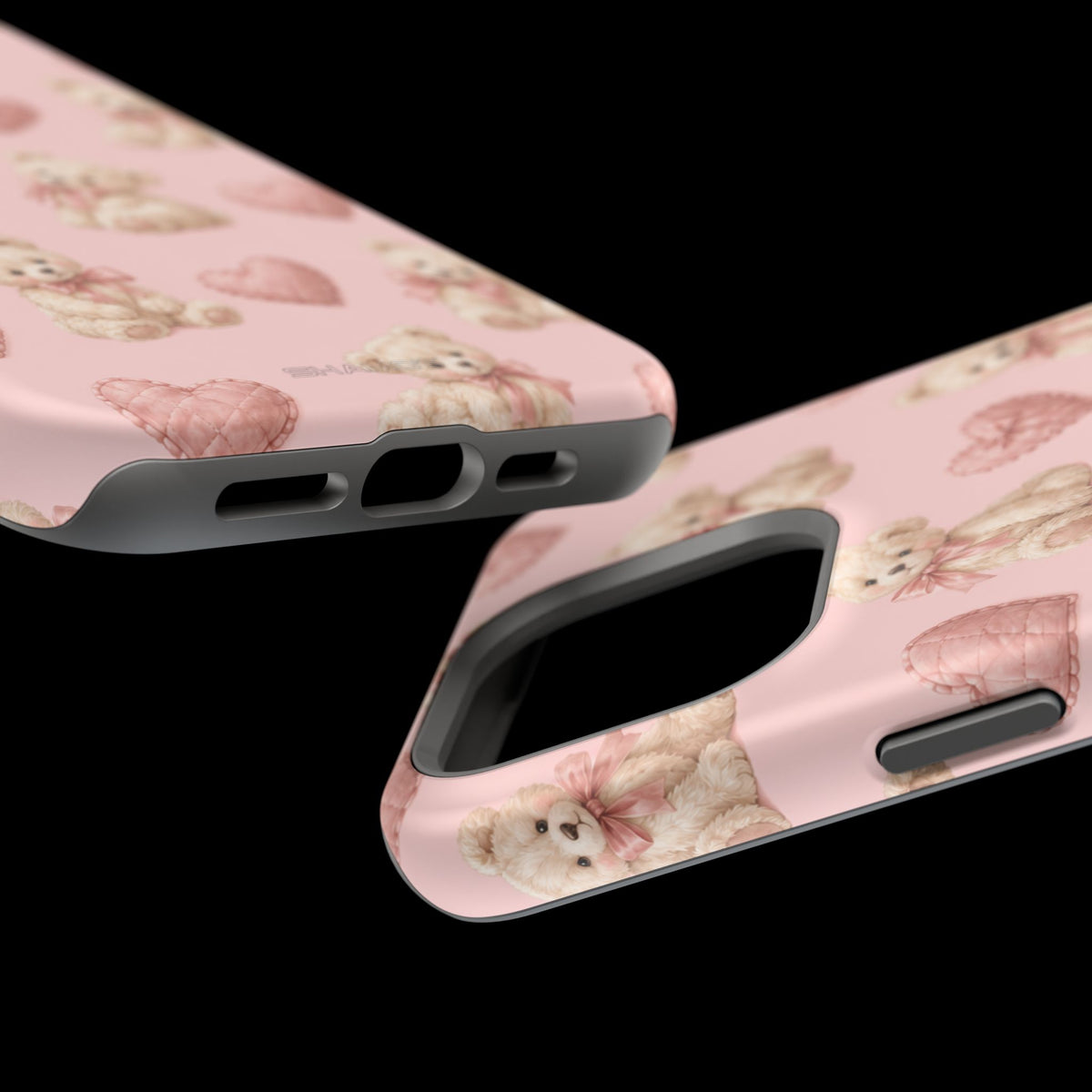 Pink Teddy Hearts Love iPhone Case, Impact-Resistant MagSafe Compatible
