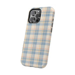 Ranch Check – Blue and Cream Plaid MagSafe Phone Case, glossy square triple-camera Pro model, angled rear view