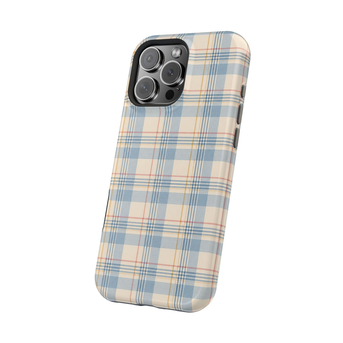 Ranch Check – Blue and Cream Plaid MagSafe Phone Case, glossy square triple-camera Pro model, angled rear view