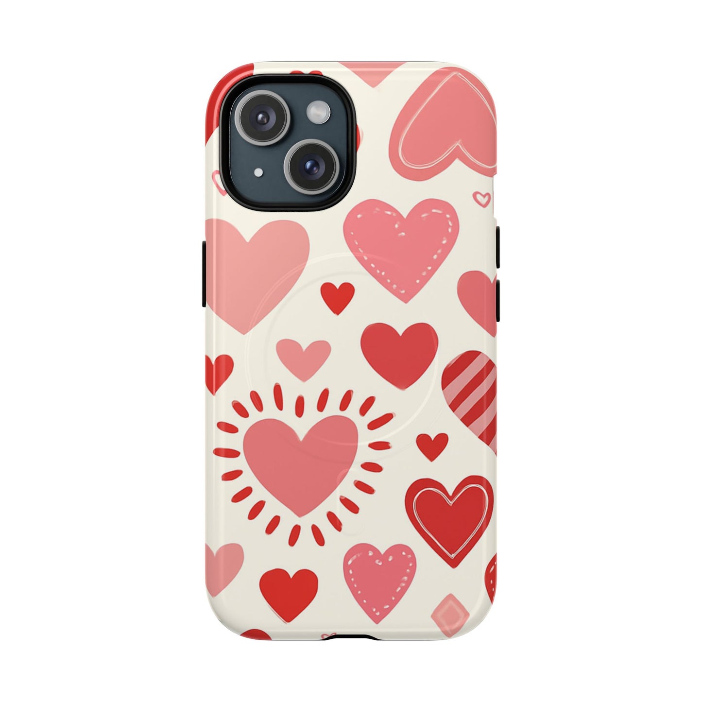 Heart Pattern Tough iPhone Case — Cute Red & Pink Hearts Protective Cover (MagSafe compatible)