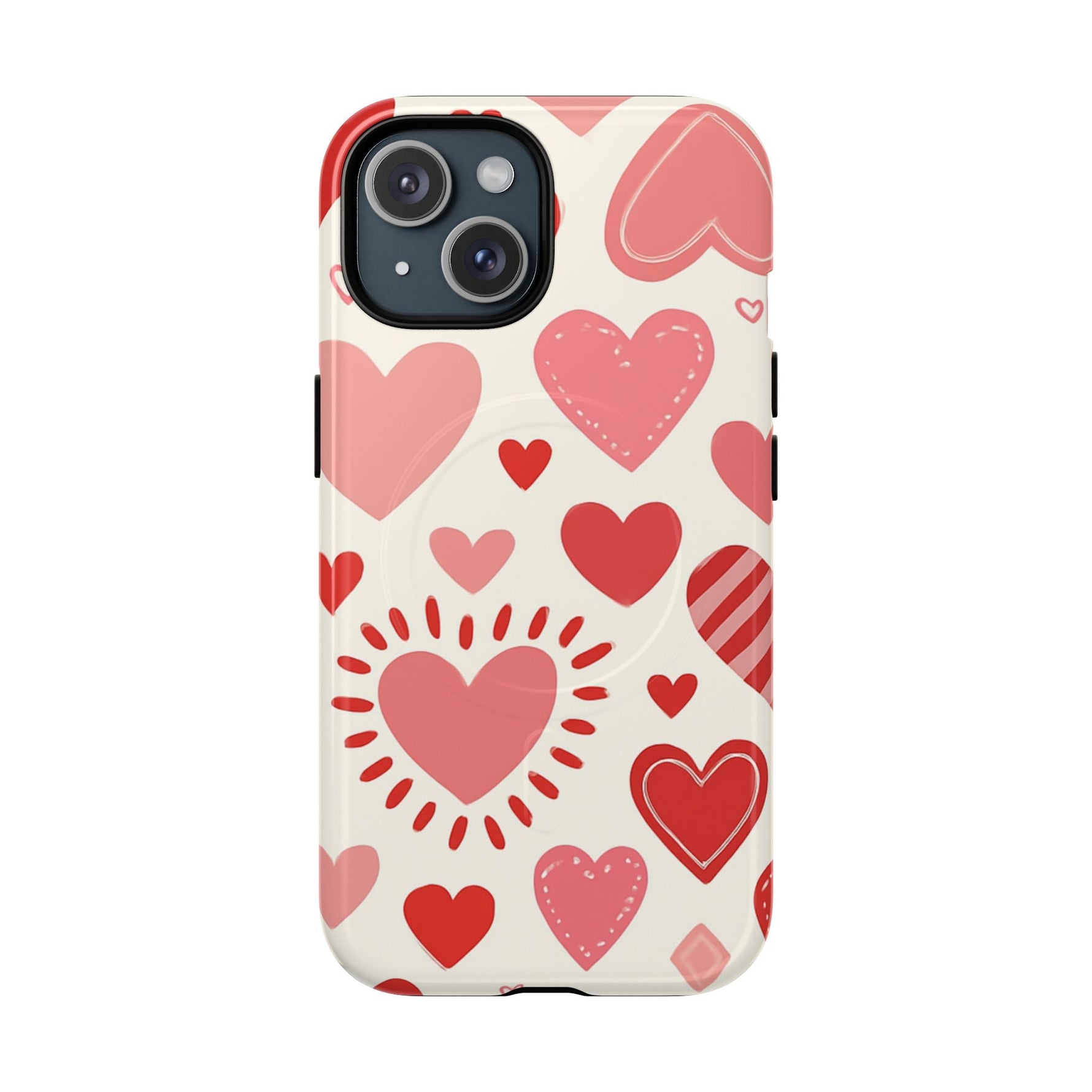 Heart Pattern Tough iPhone Case — Cute Red & Pink Hearts Protective Cover (MagSafe compatible)  Shamo's iPhone 15 / Glossy