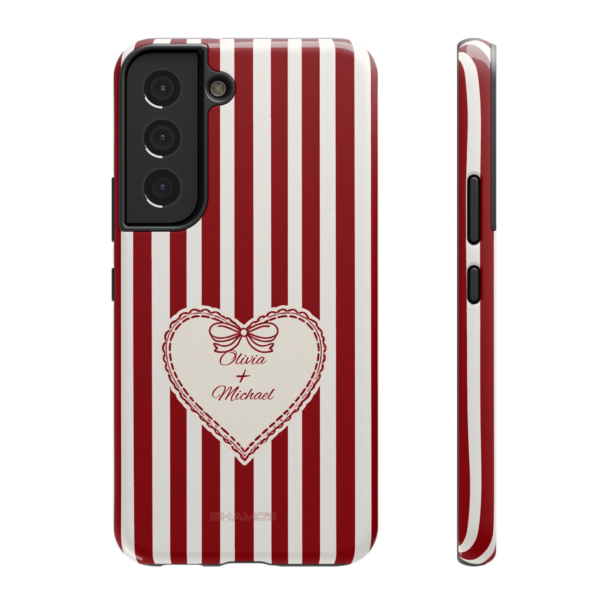 Phone case with red and white vertical stripes and a cream heart with a bow and names