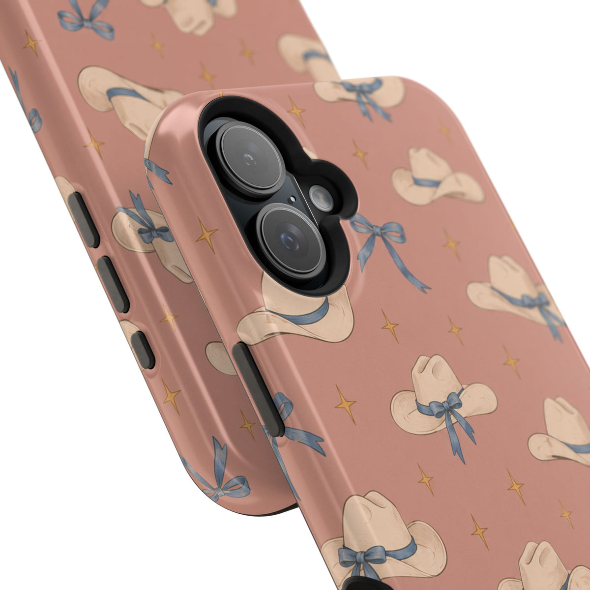 Ribbon Rodeo – Cowgirl Hat and Bow MagSafe Phone Case, Pink, glossy vertical dual-camera model, camera and side-button close-up