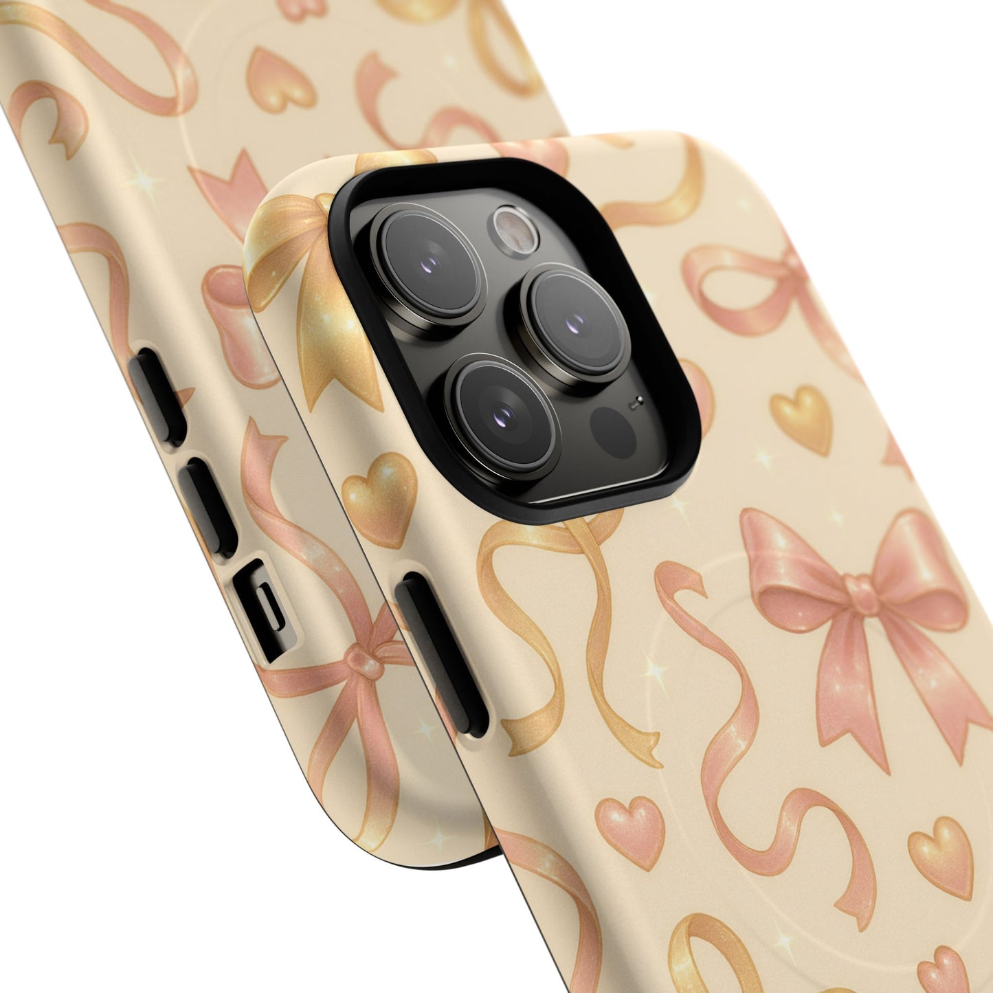 Festive Bow Charm iPhone Case — Pink & Gold Ribbon Hearts with MagSafe