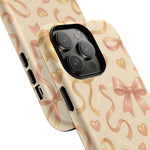 Festive Bow Charm iPhone Case — Pink & Gold Ribbon Hearts with MagSafe  Shamo's