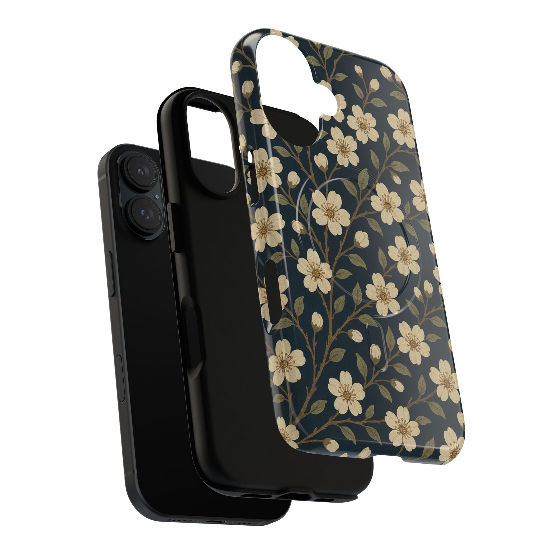 Navy Cherry Blossom Floral iPhone Case - Compatible with MagSafe - Shamo's