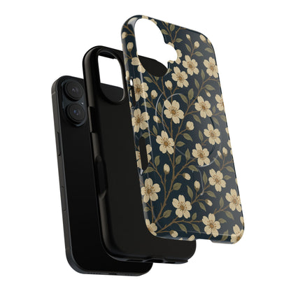 Navy Cherry Blossom Floral iPhone Case - Compatible with MagSafe