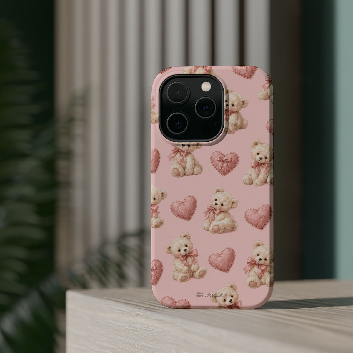 Pink Teddy Hearts Love iPhone Case, Impact-Resistant MagSafe Compatible