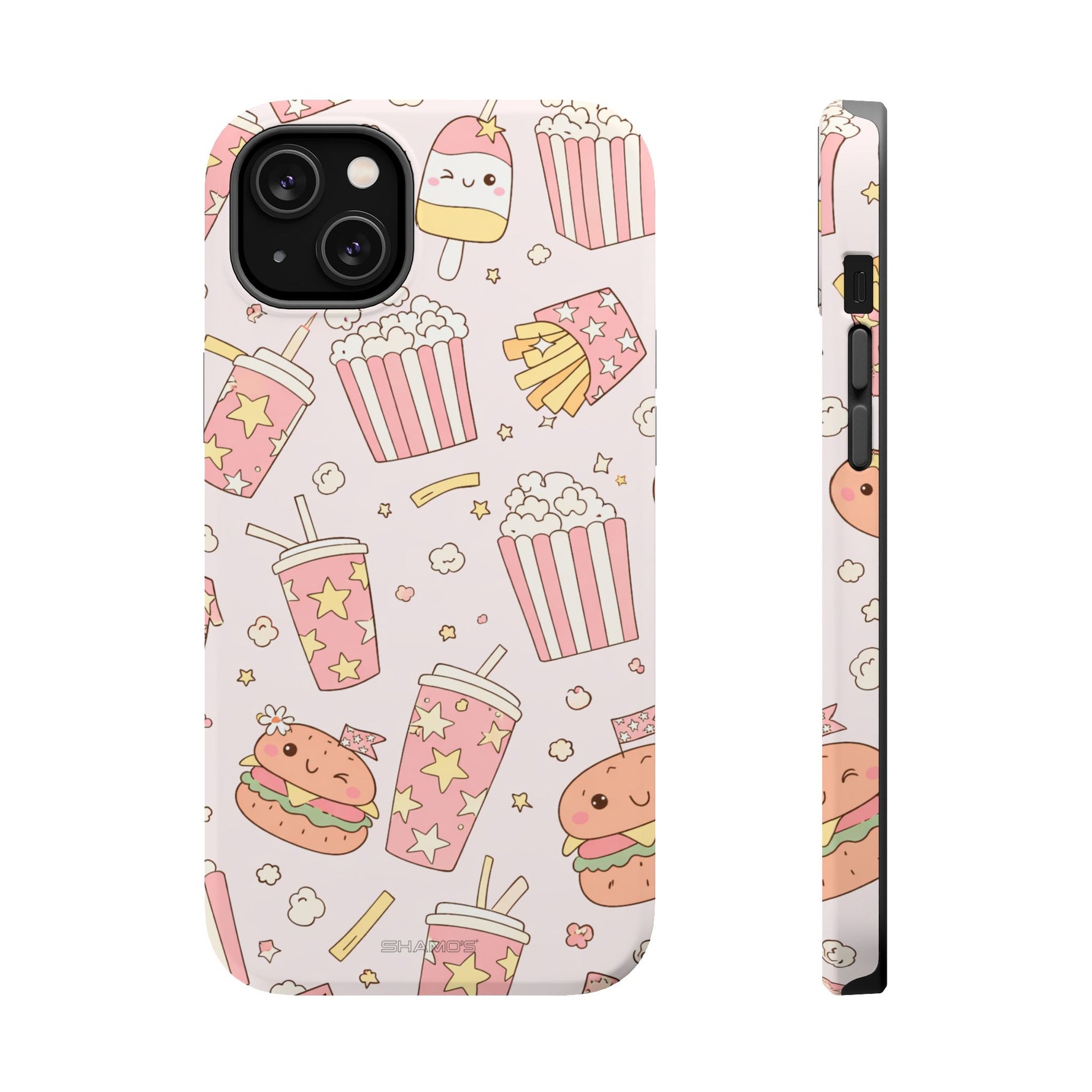 Kawaii Snack Pattern Magnetic Phone Case, Cute Popcorn, Burger & Soda Design with MagSafe Compatibility