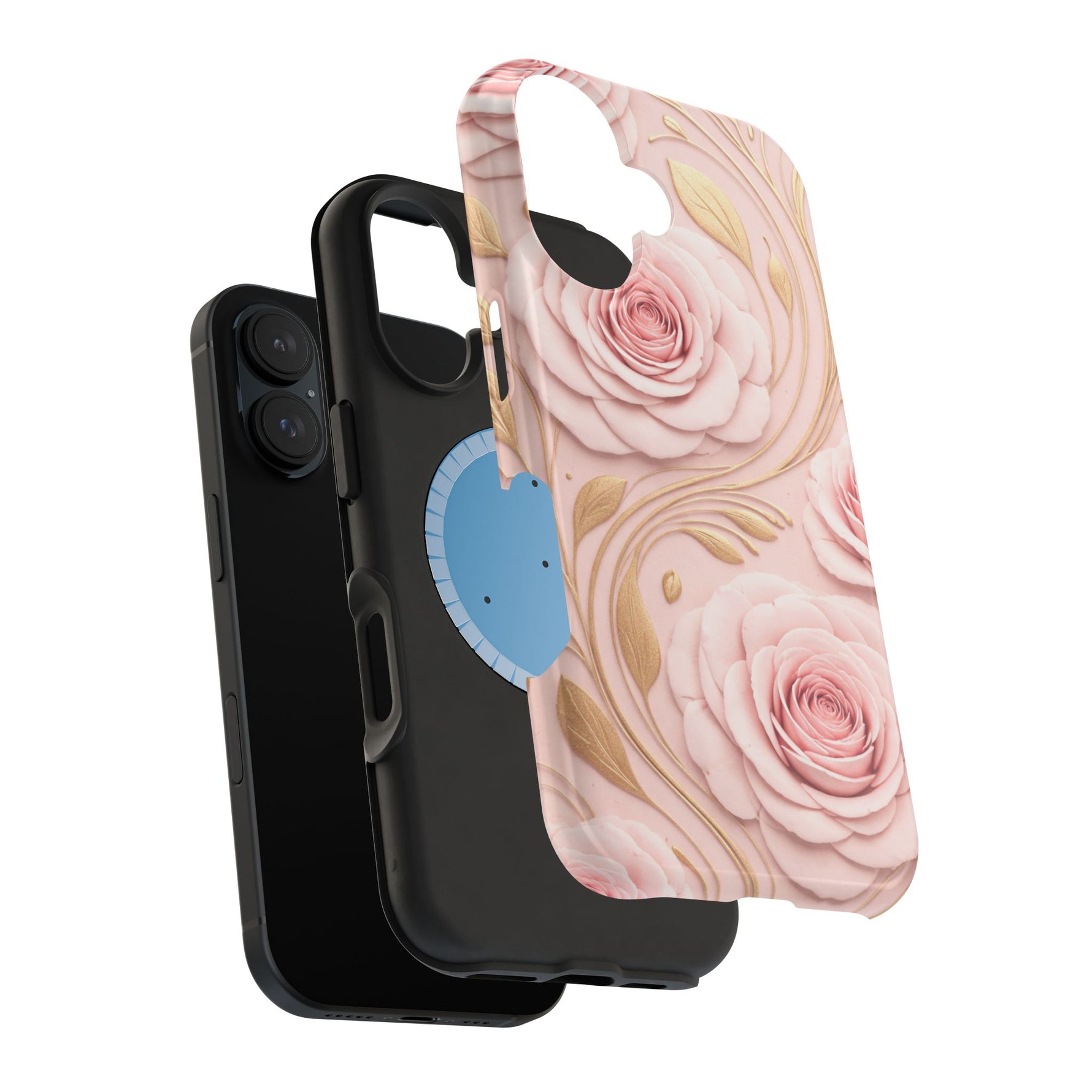Floral Pink Rose MagSafe iPhone Case, Gold Leaf Magnetic Impact-Resistant