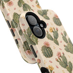 Cactus Bloom – Sage Green Floral Cactus MagSafe Phone Case, glossy vertical dual-camera model, camera and side-button close-up