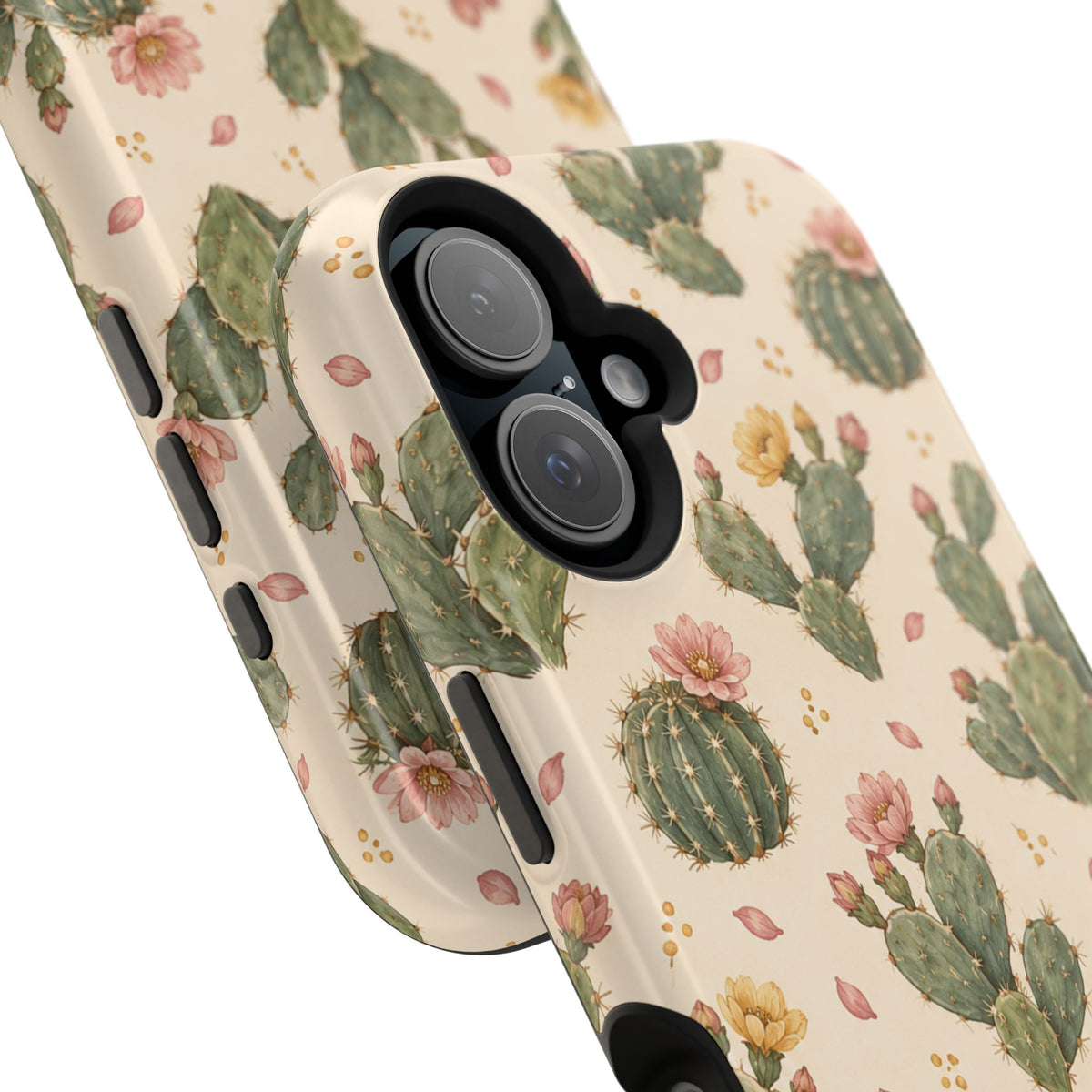 Cactus Bloom – Sage Green Floral Cactus MagSafe Phone Case, glossy vertical dual-camera model, camera and side-button close-up