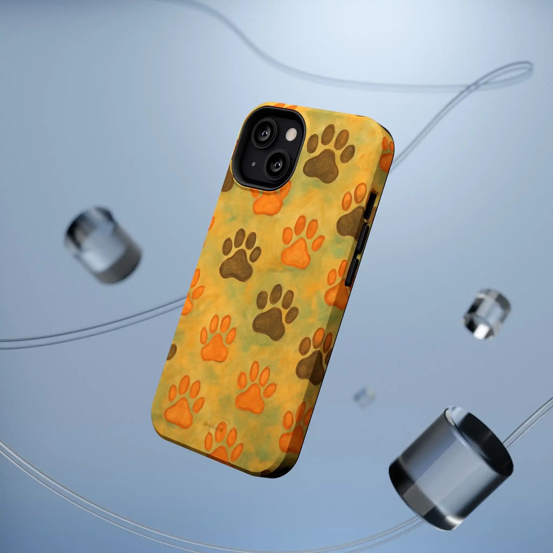 Phone case with orange and brown paw prints design on yellow background, iPhone size variant shown