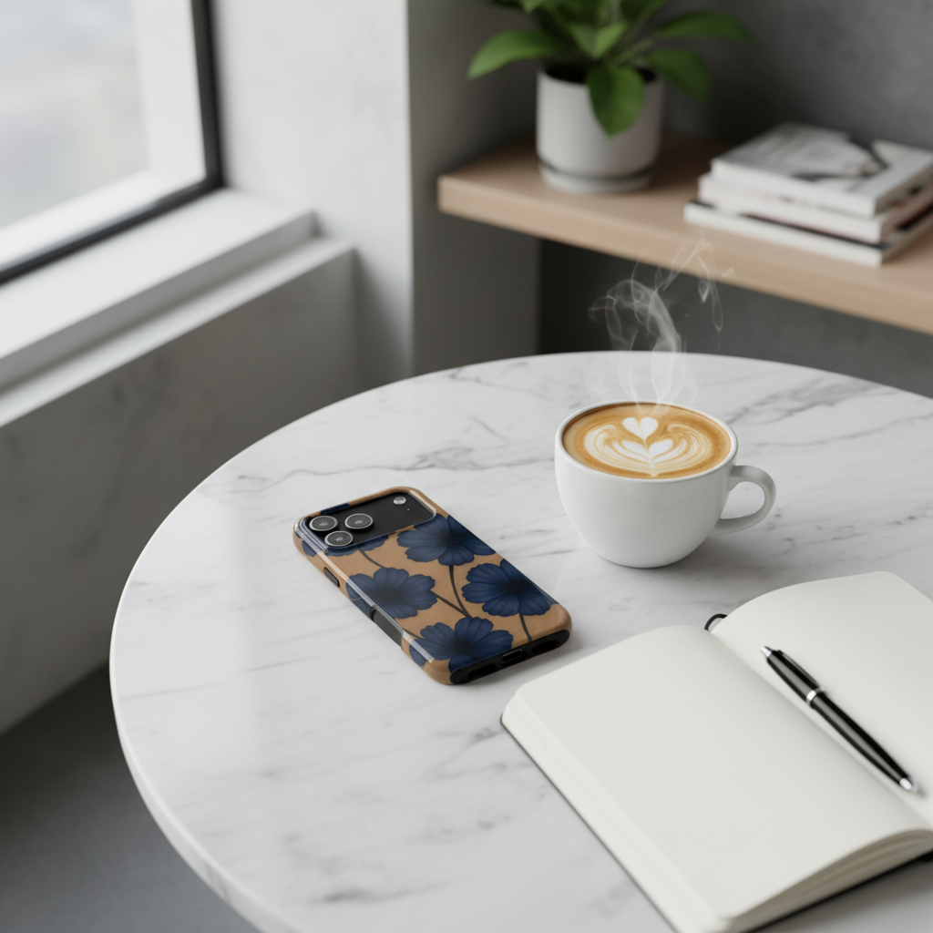 Navy Floral Tough Phone Case — Durable Protective Case with Blue Flowers on Kraft Background
