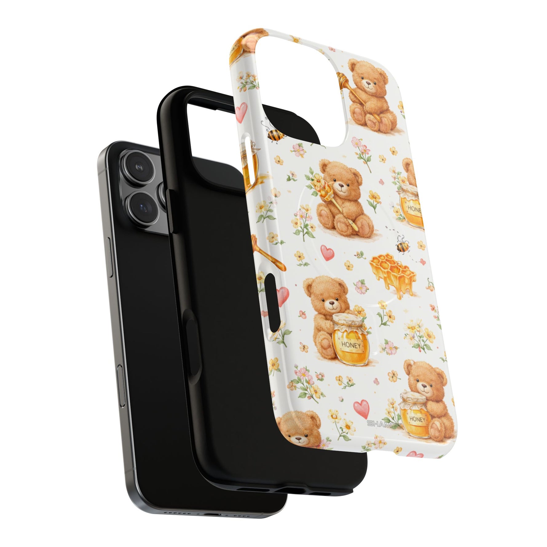 Honey Teddy Bear iPhone Case — Yellow Bee & Honey Pot Design with MagSafe