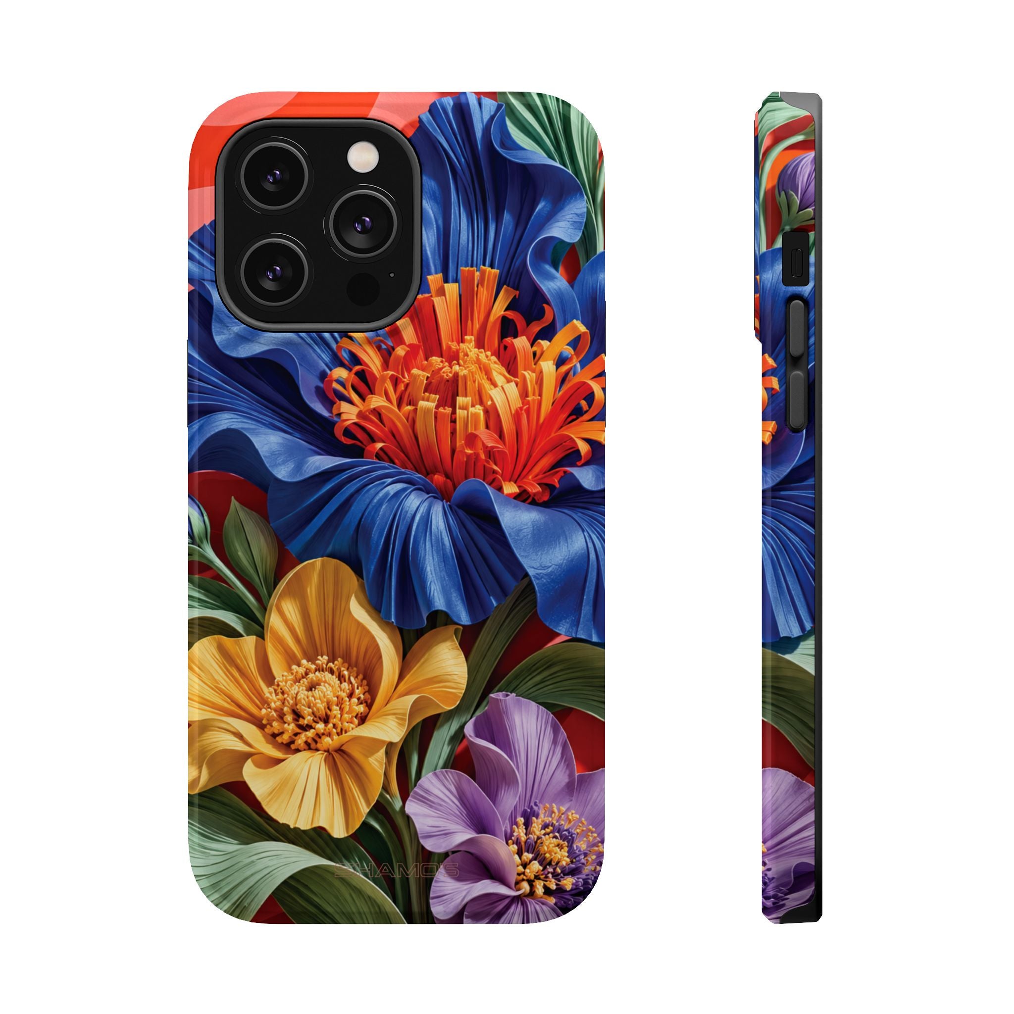 Electric Paradise MagSafe Phone Case – Cobalt Floral & Coral Waves | Glossy