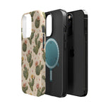 Cactus Bloom – Sage Green Floral Cactus MagSafe Phone Case, glossy square triple-camera Pro model, exploded shell and liner with magnetic ring