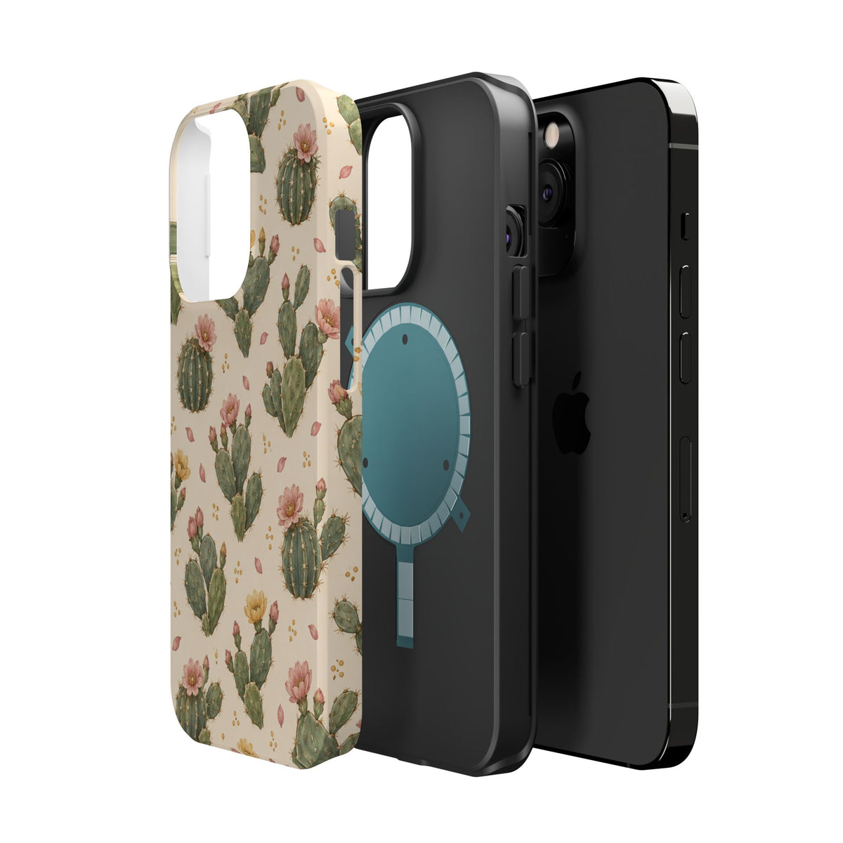 Cactus Bloom – Sage Green Floral Cactus MagSafe Phone Case, glossy square triple-camera Pro model, exploded shell and liner with magnetic ring