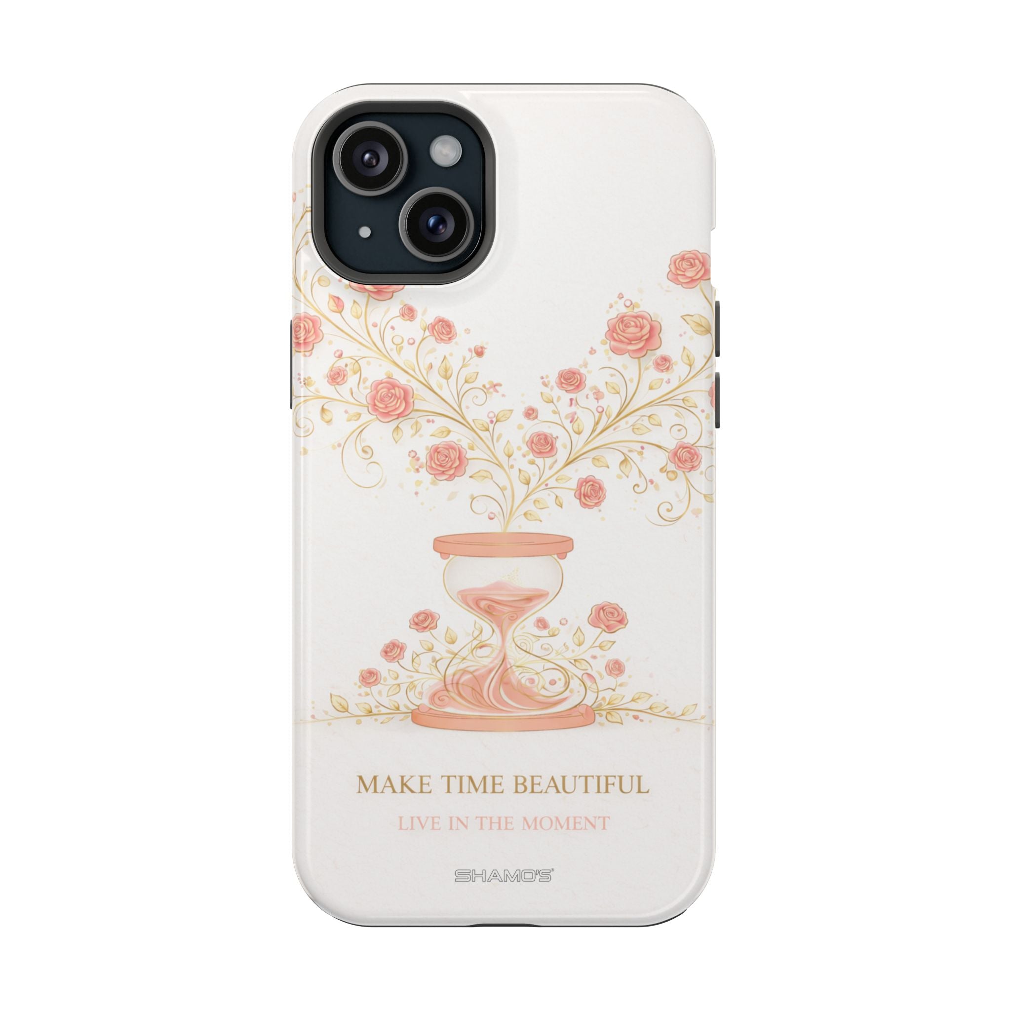 Magnetic iPhone Case, "Make Time Beautiful" Floral Hourglass Protective Cover - iPhone 15 Plus / Glossy - Shamo's