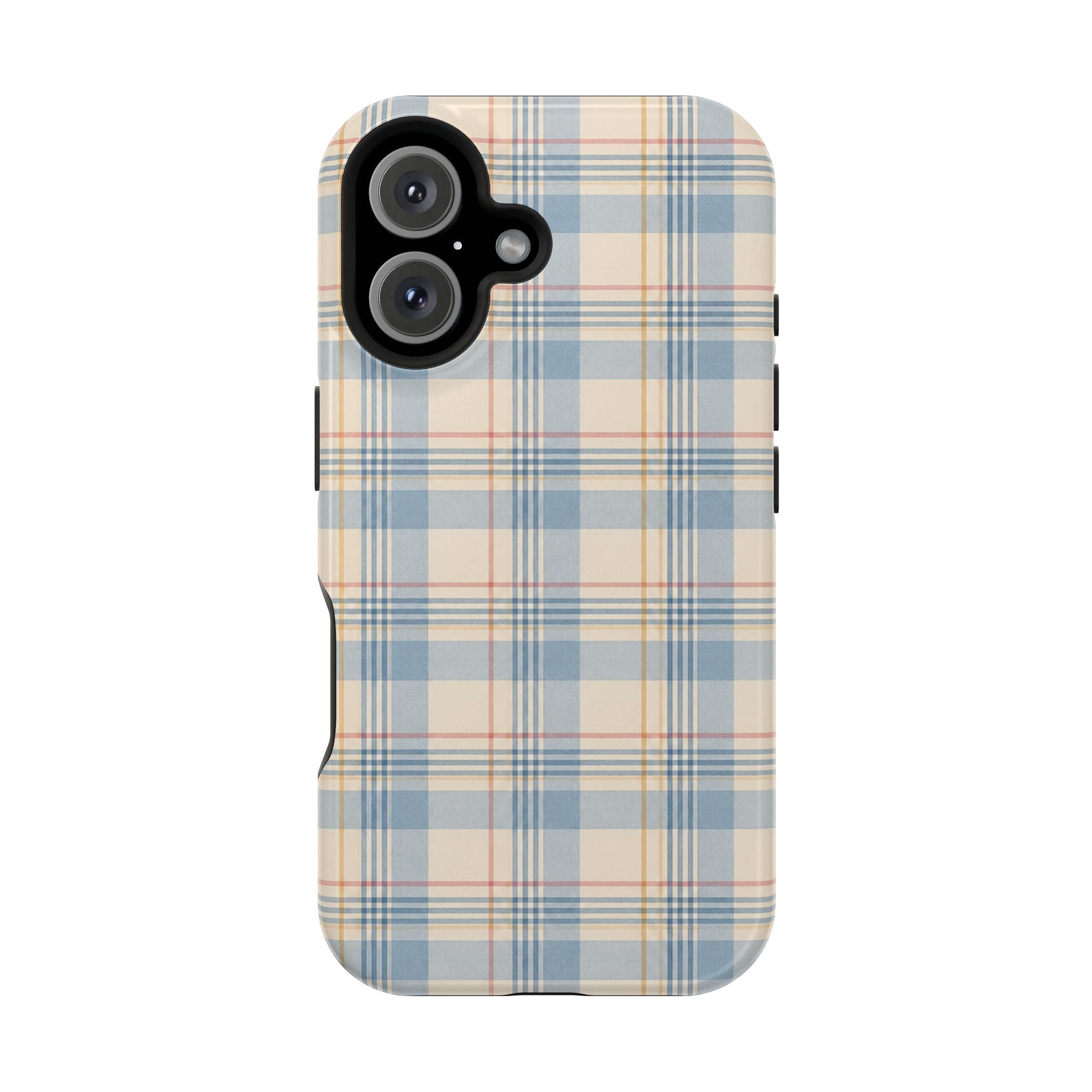 Ranch Check – Blue and Cream Plaid MagSafe Phone Case, glossy iPhone 16, rear view