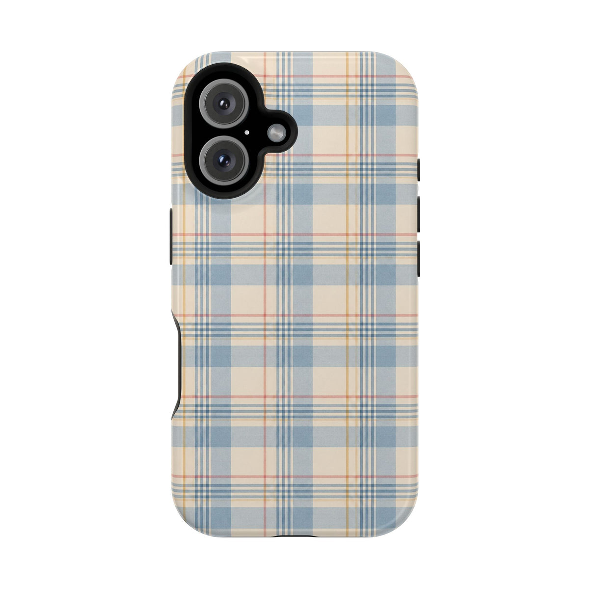 Ranch Check – Blue and Cream Plaid MagSafe Phone Case, glossy iPhone 16, rear view