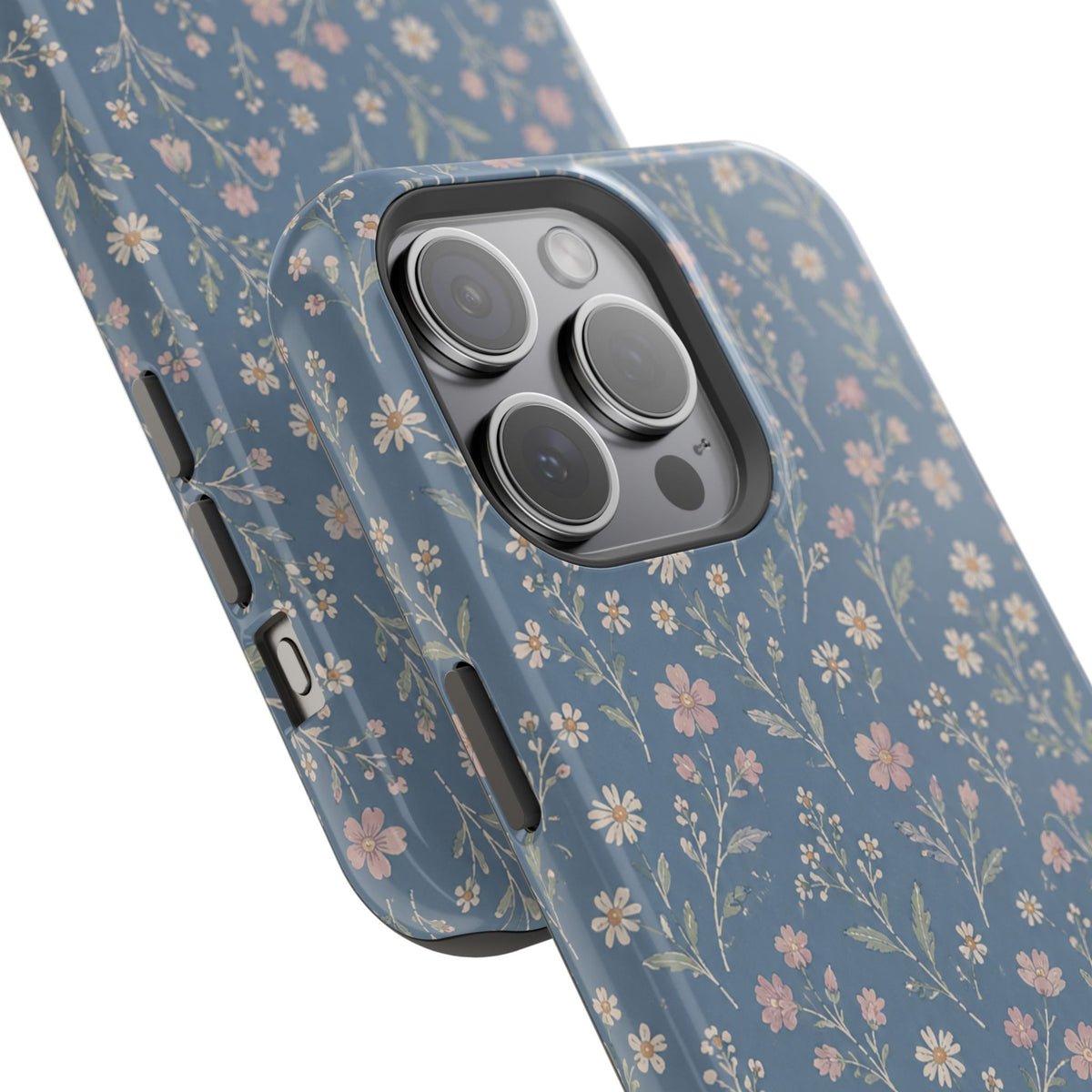 Denim Wildflowers MagSafe Phone Case, glossy square triple-camera Pro model, camera and side-button close-up
