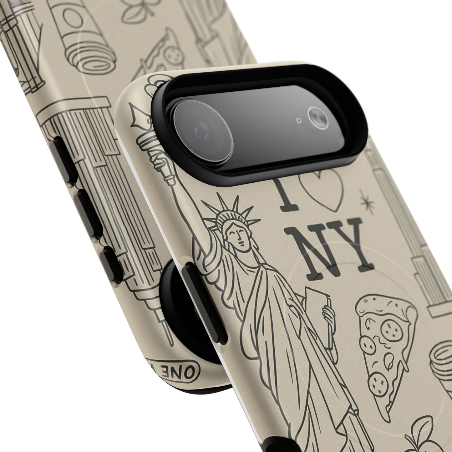 NY City Icons Tough iPhone Case — Statue of Liberty, Pizza & Taxi Pattern | Compatible with MagSafe