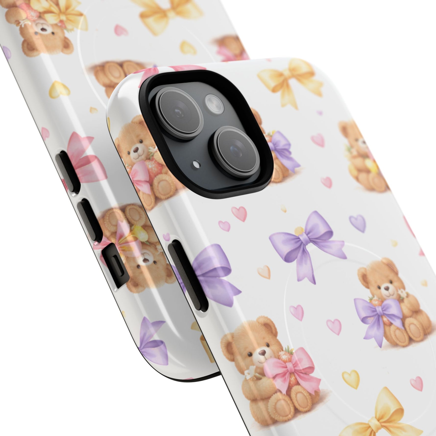 Two variant sizes of phone cases with teddy bear and colorful bow pattern on white background