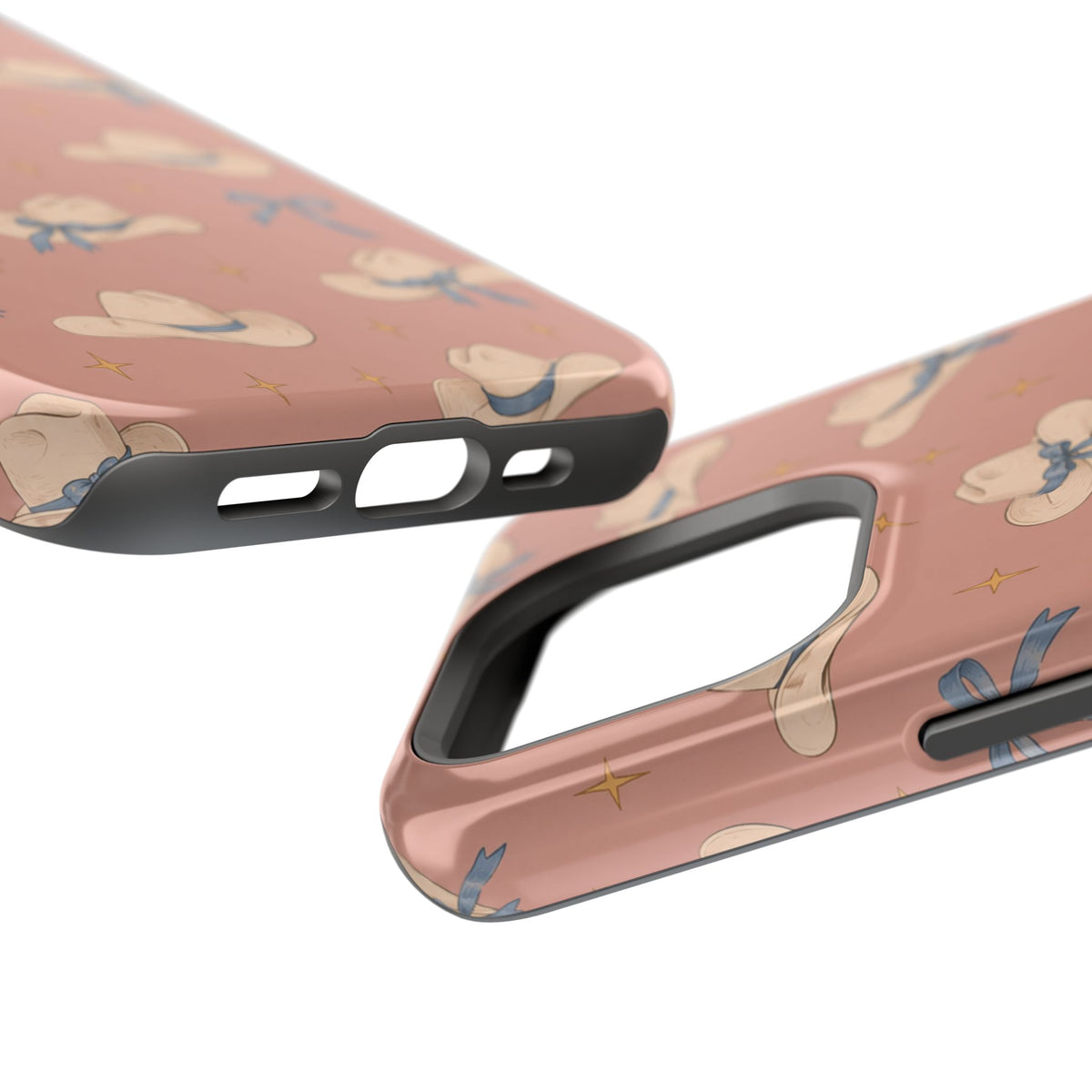 Ribbon Rodeo – Cowgirl Hat and Bow MagSafe Phone Case, Pink, glossy square triple-camera Pro model, port openings and edge details
