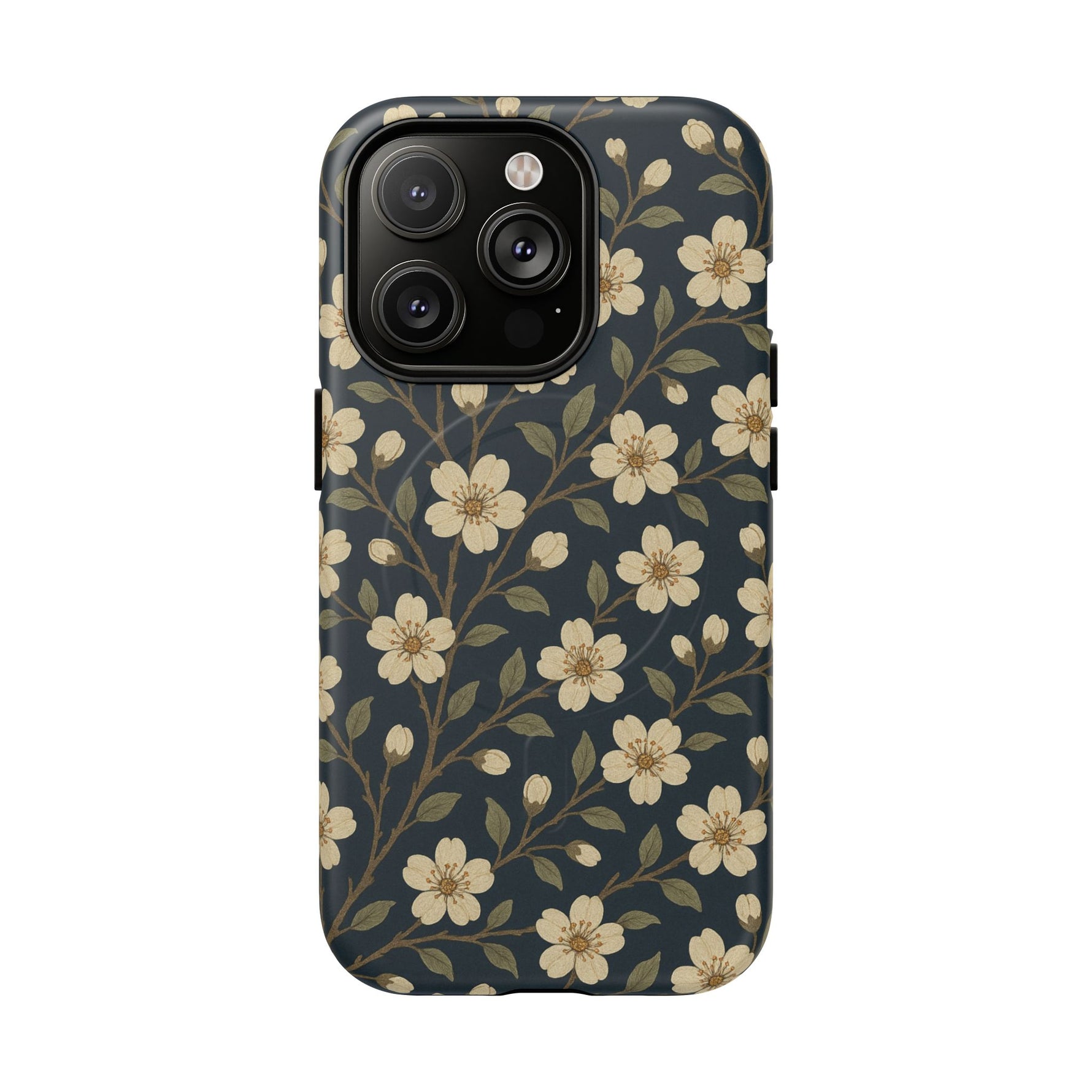 Navy Cherry Blossom Floral iPhone Case - Compatible with MagSafe - Shamo's