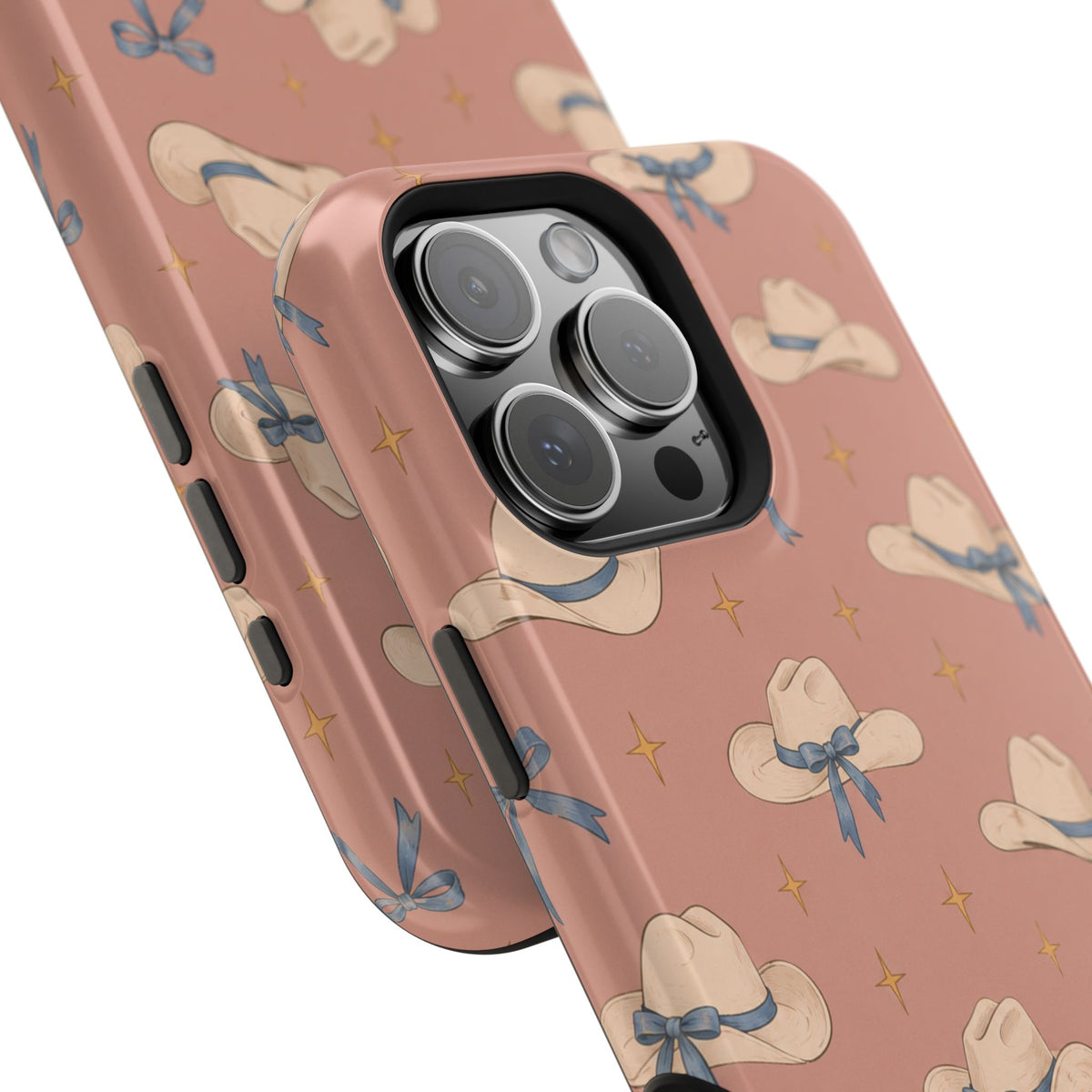 Ribbon Rodeo – Cowgirl Hat and Bow MagSafe Phone Case, Pink, glossy square triple-camera Pro model, camera and side-button close-up