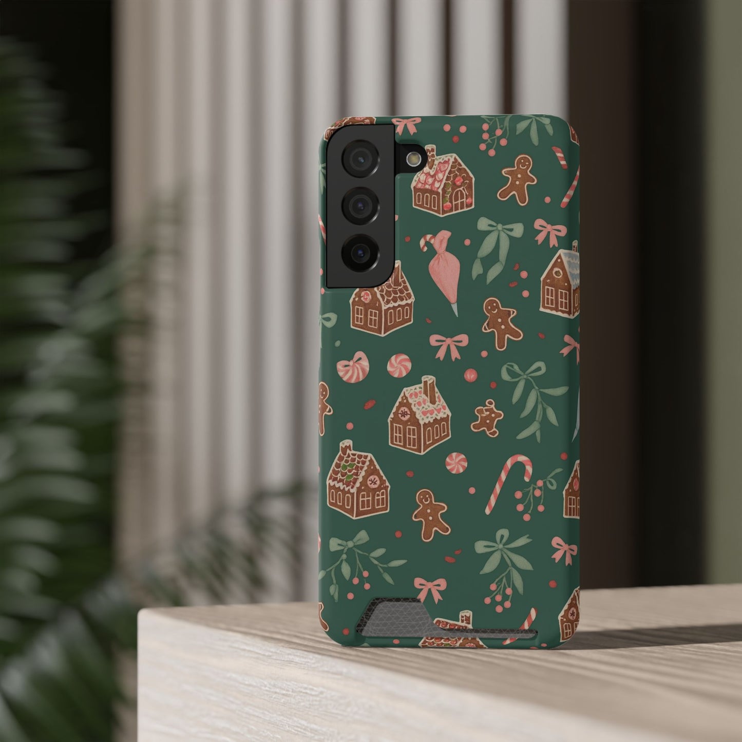 Holiday Gingerbread Phone Case with Card Holder — Festive Green Candy Cane Design