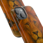 Two phone cases with detailed lion face design in different sizes, glossy finish