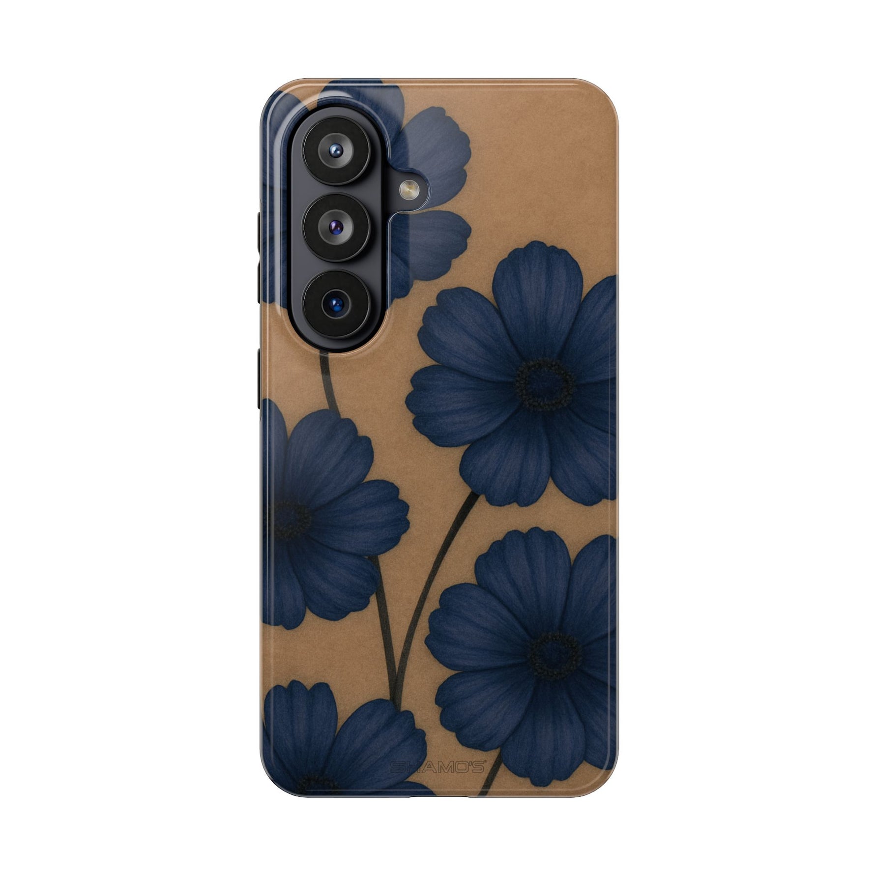 Navy Floral Tough Phone Case — Durable Protective Case with Blue Flowers on Kraft Background