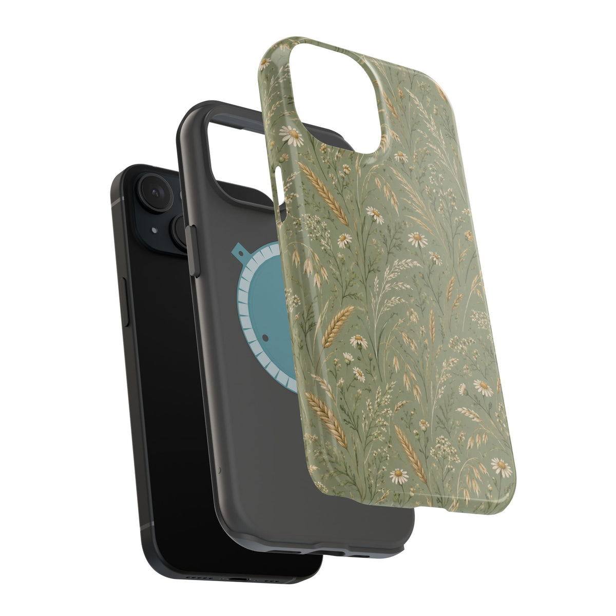 Golden Meadow – Sage Green Wildflower MagSafe Phone Case, glossy diagonal dual-camera model, exploded shell and liner with magnetic ring