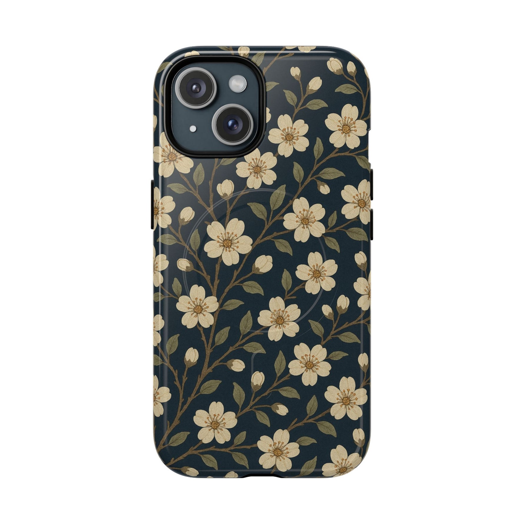 Navy Cherry Blossom Floral iPhone Case - Compatible with MagSafe - Shamo's