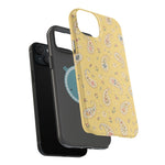 Honey Paisley MagSafe Phone Case, glossy diagonal dual-camera model, exploded shell and liner with magnetic ring