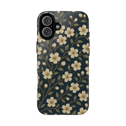 Navy Cherry Blossom Floral iPhone Case - Compatible with MagSafe