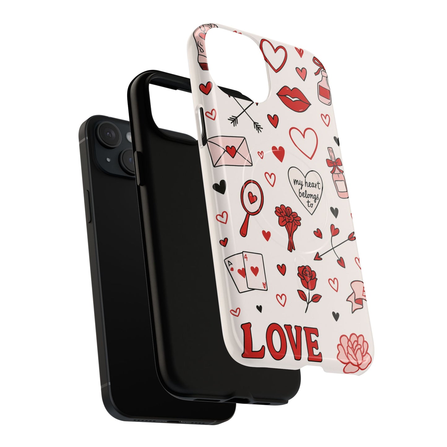 Romantic Love Doodle Tough iPhone Case ("LOVE", hearts, roses) (MagSafe compatible)