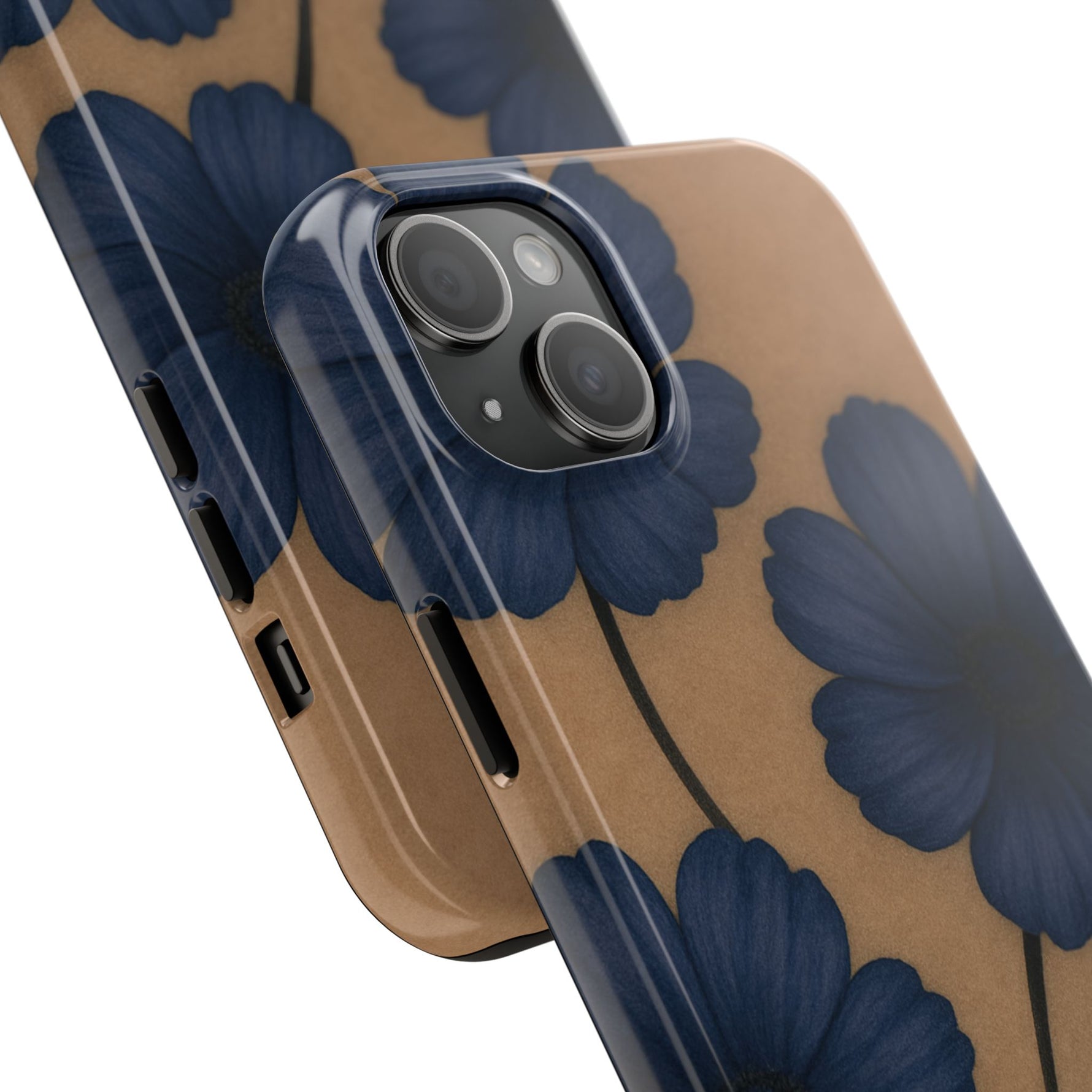 Navy Floral Tough Phone Case — Durable Protective Case with Blue Flowers on Kraft Background