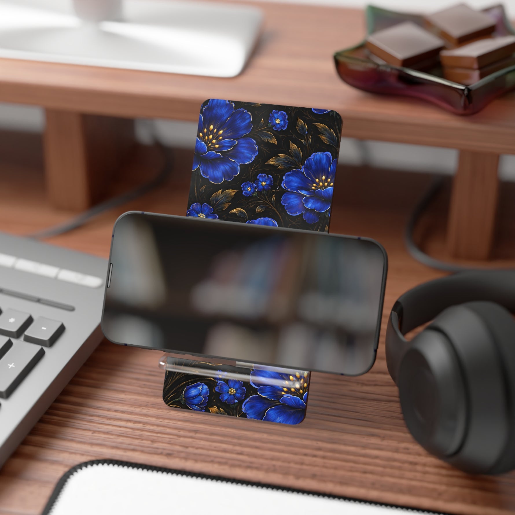 Blue Floral Phone Stand — Decorative Mobile Display Stand for Smartphones - 2.8" x 5.9" / Glossy - Shamo's