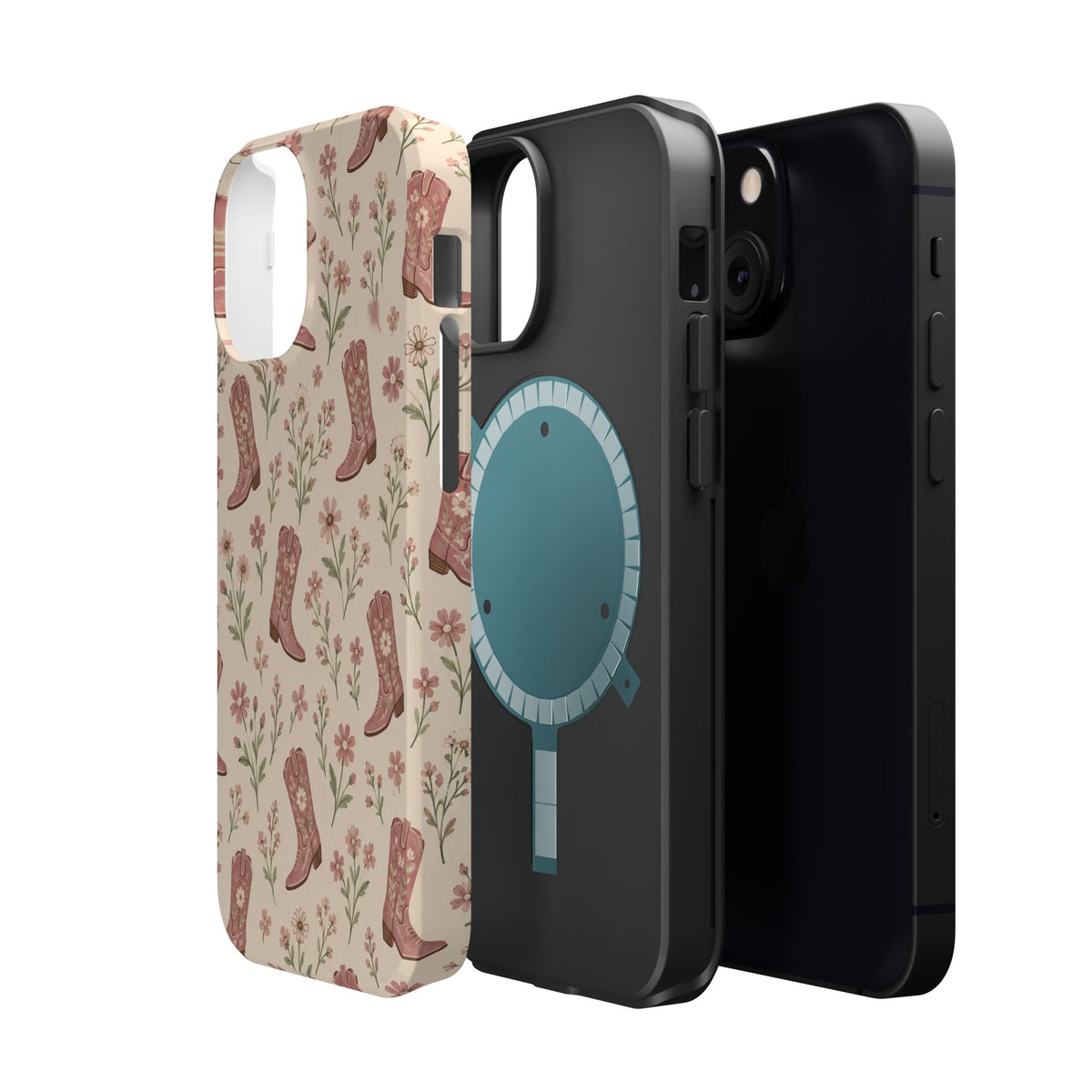 Floral Boots MagSafe Phone Case, glossy diagonal dual-camera model, exploded shell and liner with magnetic ring