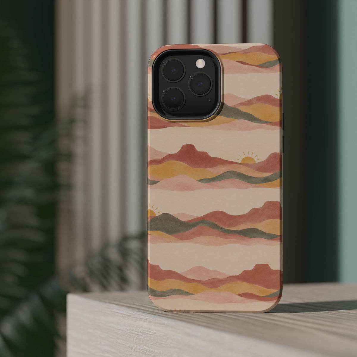 Sunset Trails – Desert Landscape MagSafe Phone Case, glossy square triple-camera Pro model, rear view on a tabletop