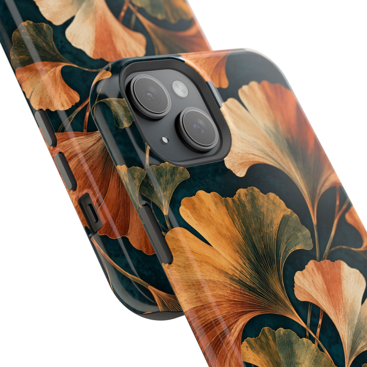 Camera cutout and artwork detail: Nocturne Ginkgo MagSafe phone case for iPhone 15 Plus #iphone-15-plus