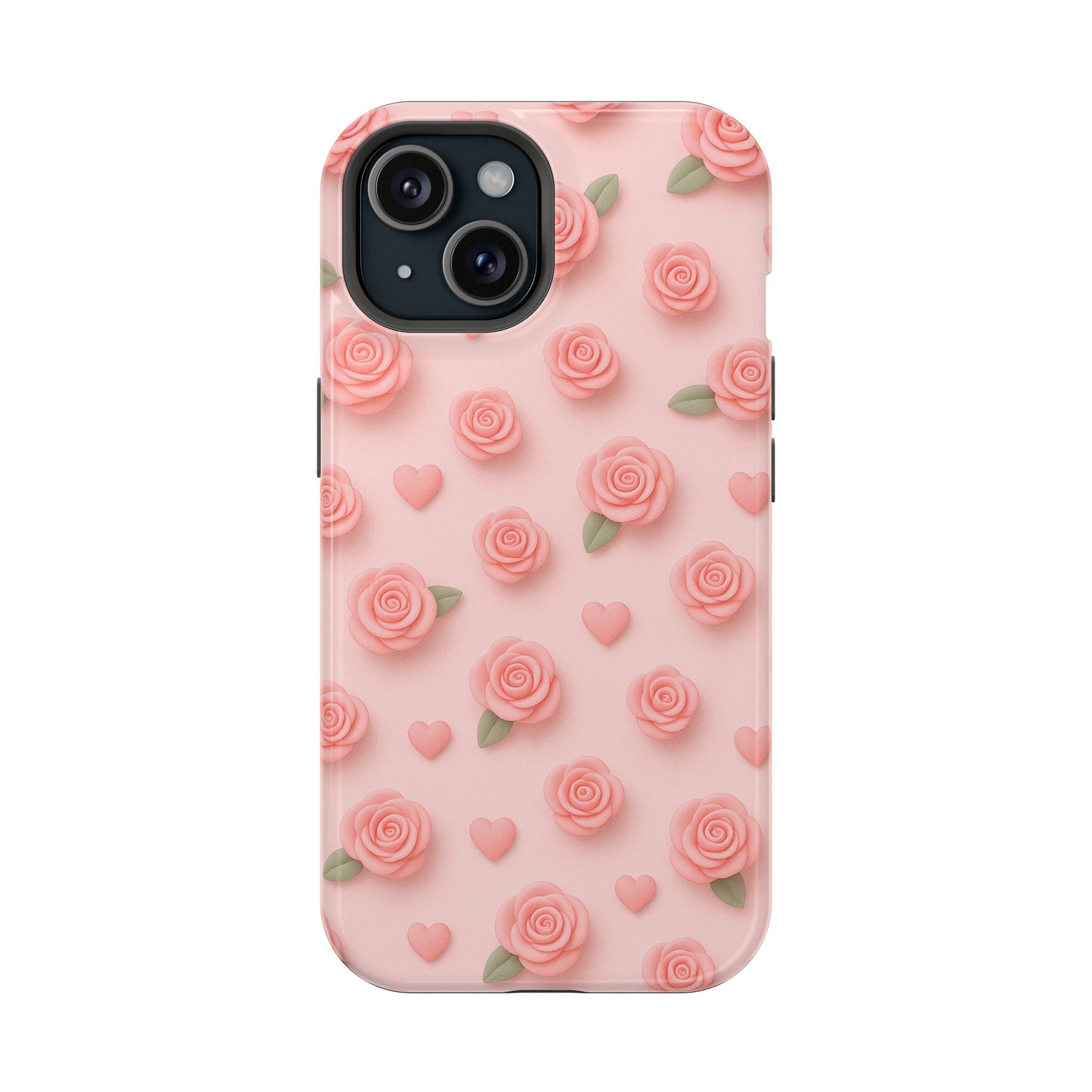 Pink Rose Pattern Impact iPhone Case — Floral Hearts Protective Cover (MagSafe compatible)  Shamo's iPhone 15 / Glossy