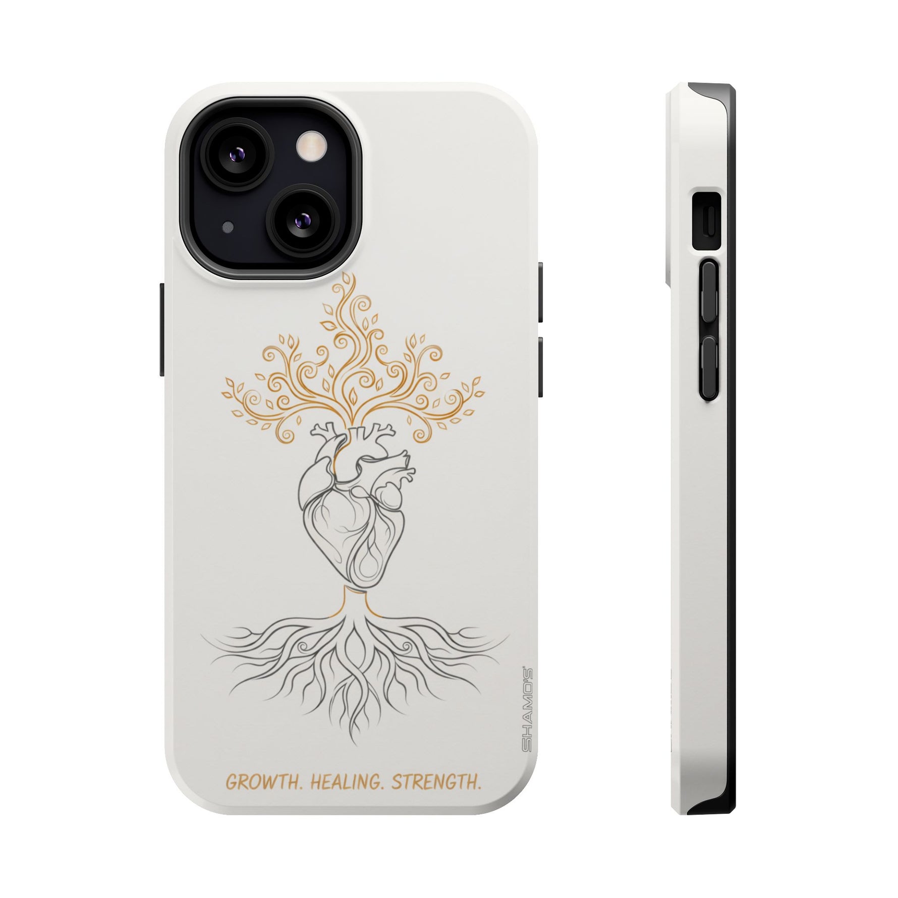 Minimalist Impact-Resistant iPhone Case, Heart Root Illustration ("Growth. Healing. Strength.") MagSafe Compatible - iPhone 13 Mini / Glossy - Shamo's