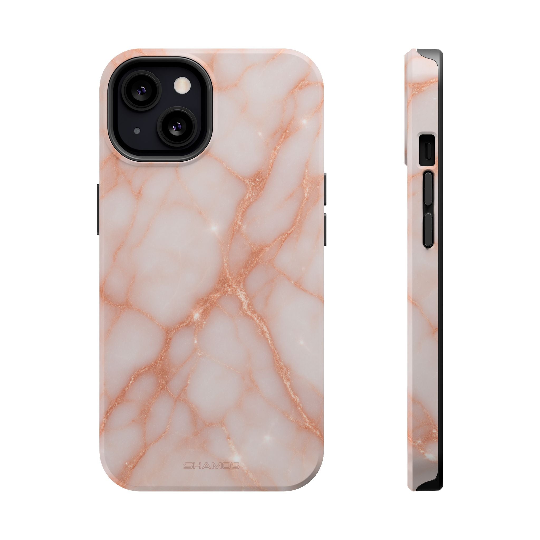 Phone case with pale pink marble and fine rose-gold-colored veining